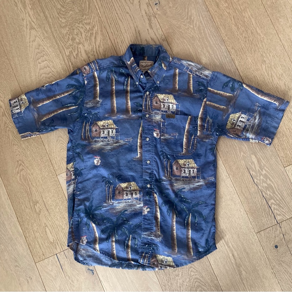 WOOLRICH Mens M 100% Cotton Fishing Village Palm Trees Tropical Vacation